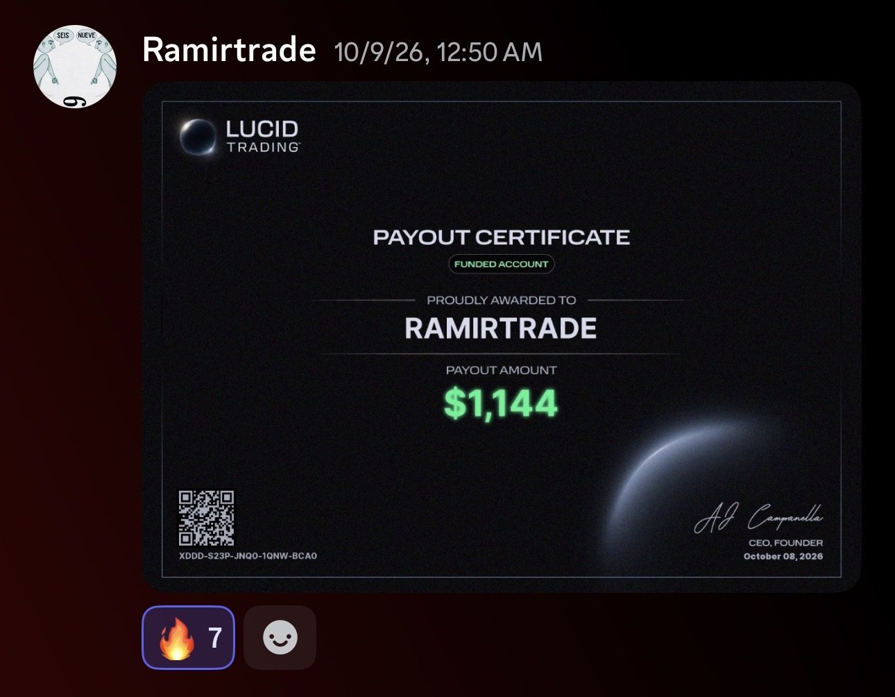 Captura de Discord: certificado de payout de 1.144 dólares de Ramirtrade
