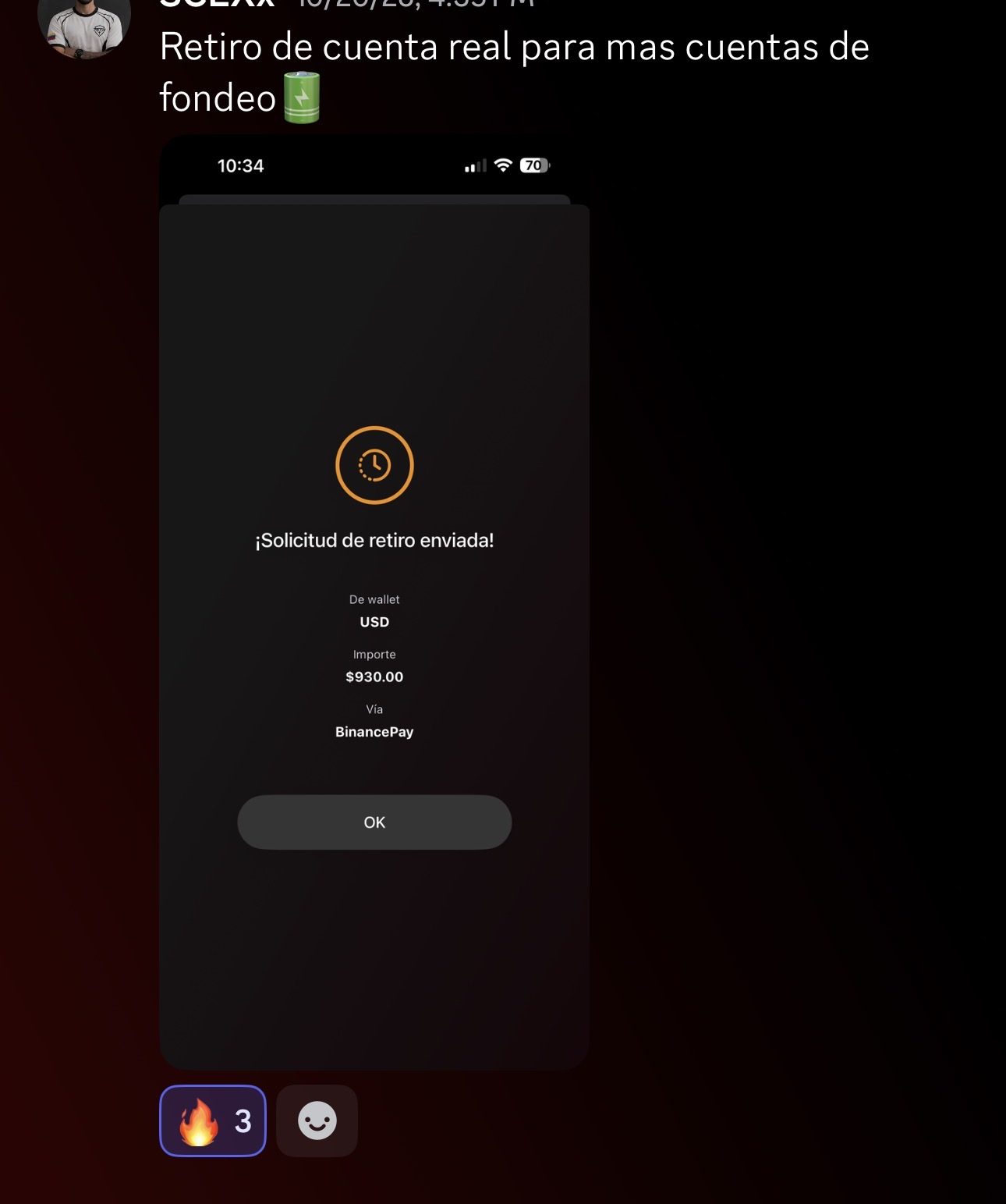 Captura de Discord: retiro de 930 dólares de SCEXx