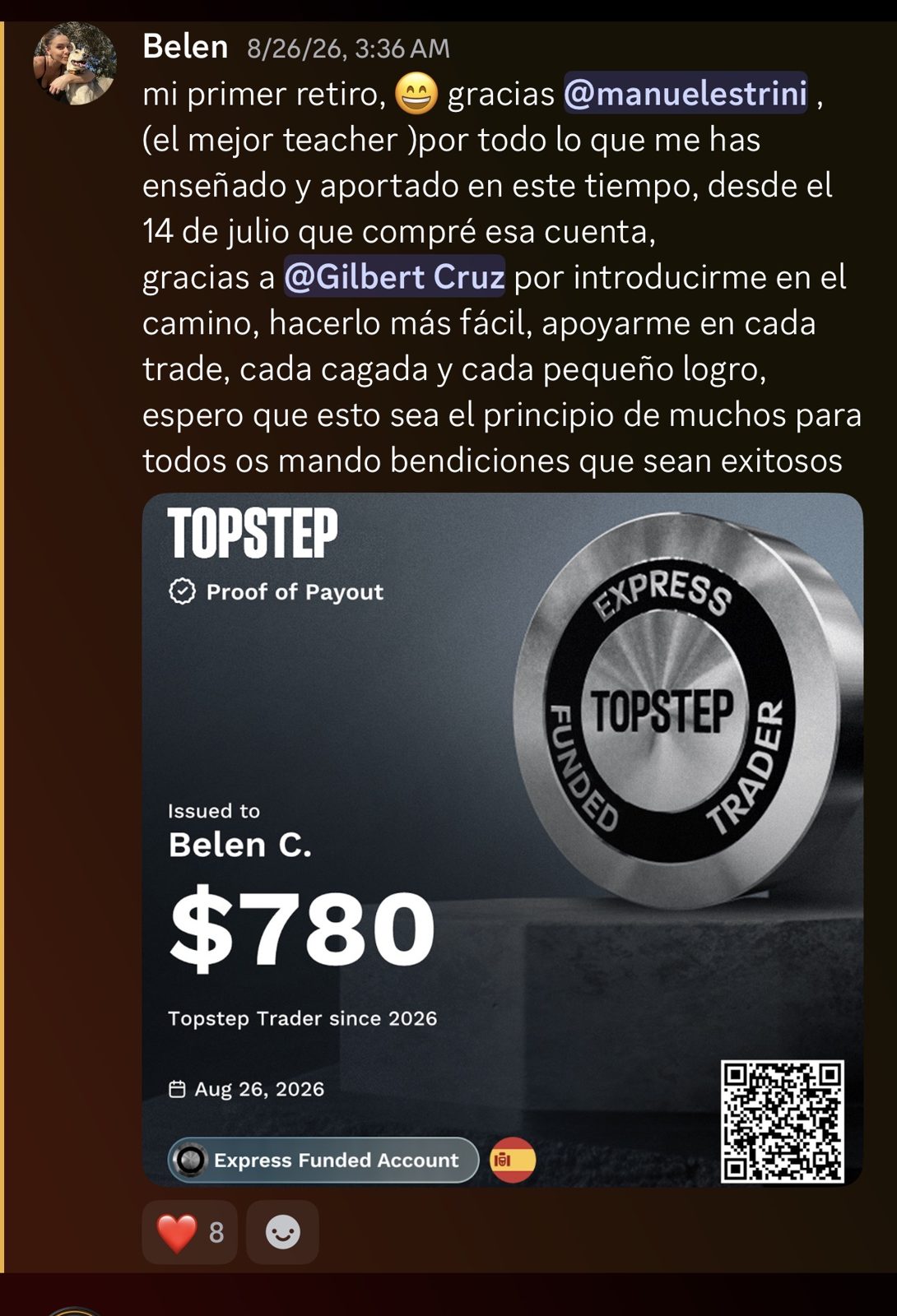 Captura de Discord: primer retiro de 780 dólares en Topstep de Belen