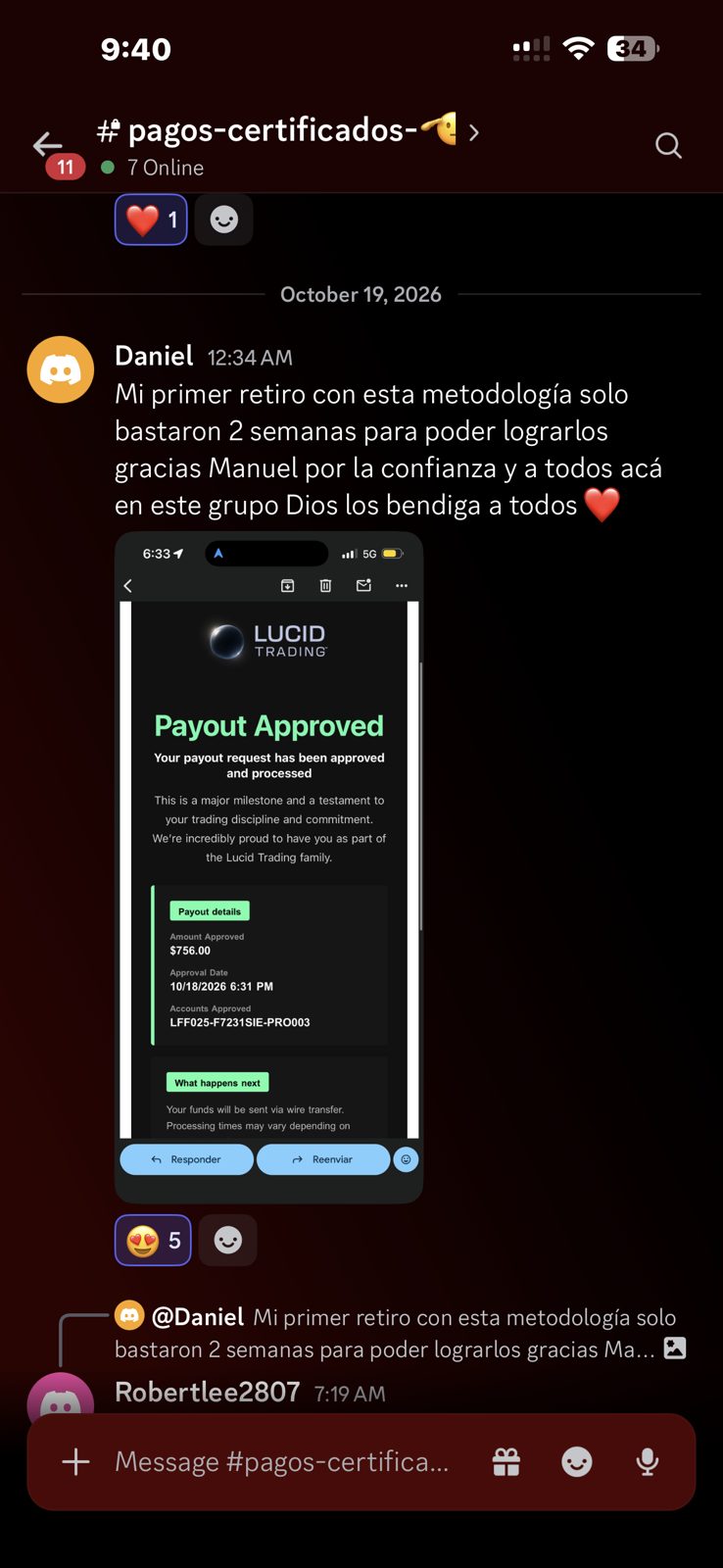 Captura de Discord: payout de 756 dólares de Daniel