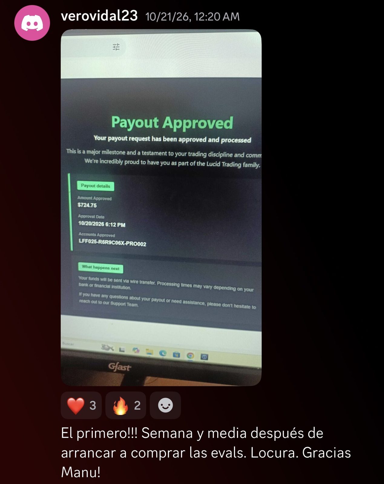 Captura de Discord: payout de 724,75 dólares de verovidal23