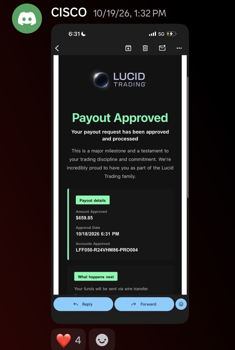 Captura de Discord: payout de 659,85 dólares de CISCO