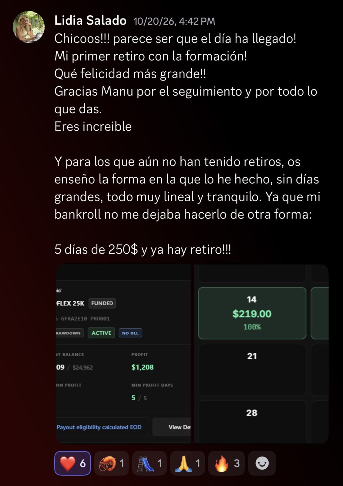 Captura de Discord: primer retiro de Lidia Salado con cuenta fondeada 25K