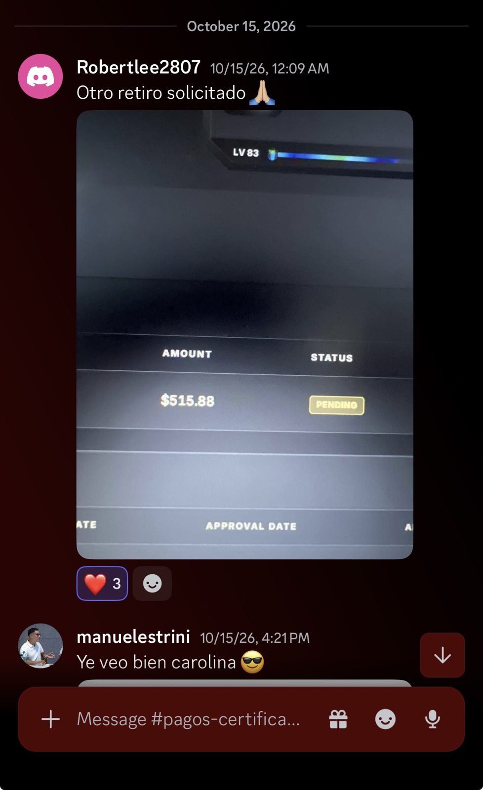 Captura de Discord: retiro de 515,88 dólares de Robertlee2807