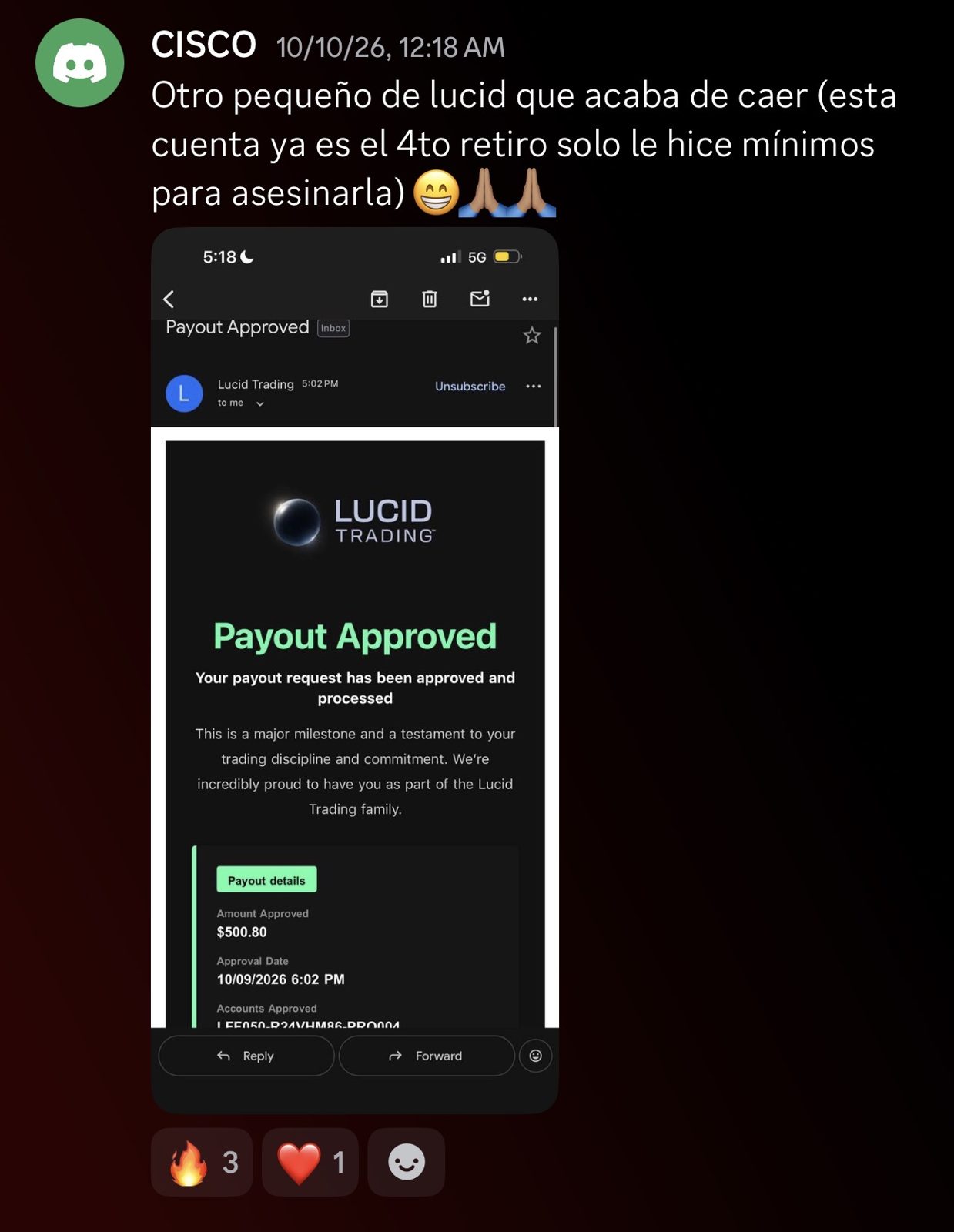 Captura de Discord: payout de 500,80 dólares de CISCO