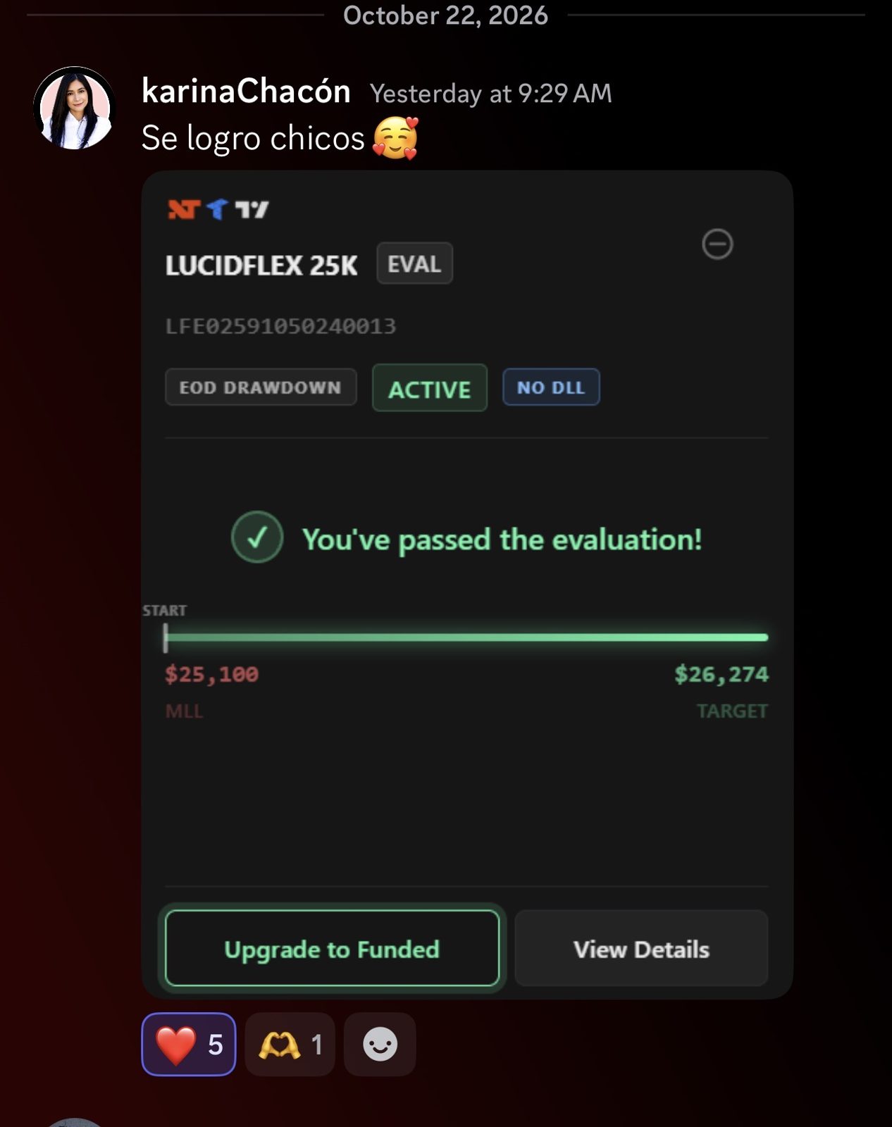 Captura de Discord: evaluación LucidFlex 25K aprobada de karinaChacón