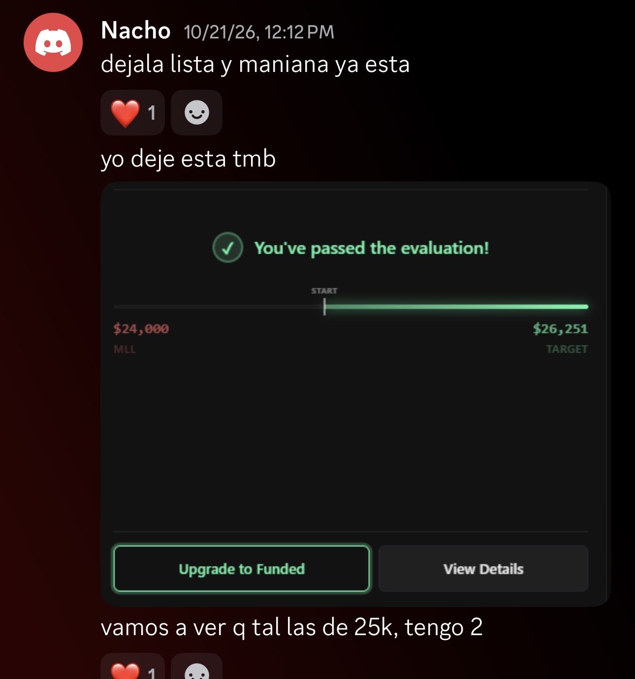 Captura de Discord: evaluación 25K aprobada de Nacho