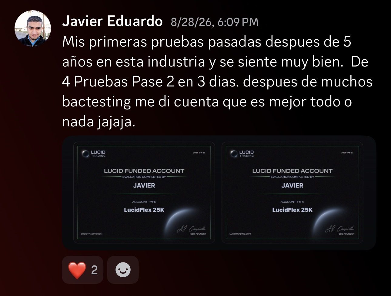 Captura de Discord: dos cuentas fondeadas LucidFlex 25K de Javier Eduardo