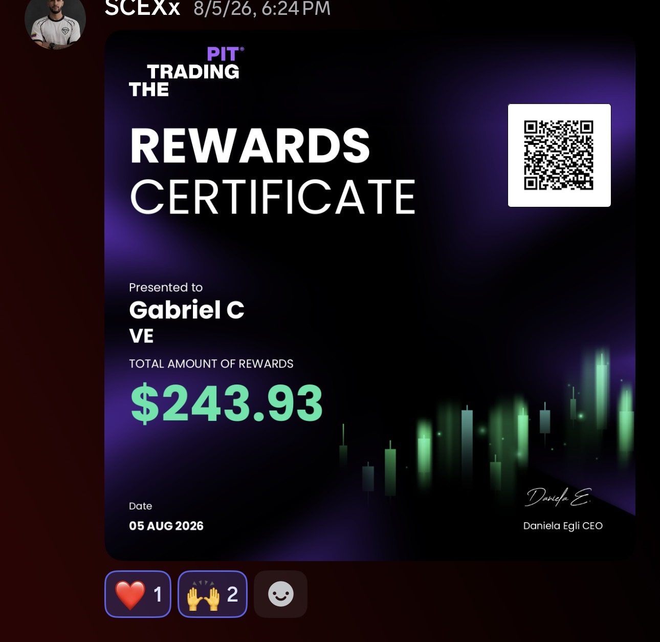Captura de Discord: certificado de recompensas de 243,93 dólares de SCEXx